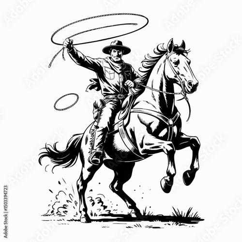 Dynamic Silhouette of Cowboy on Rearing Horse with Lasso – Bold Western Icon in Classic Black and White Rodeo Style	