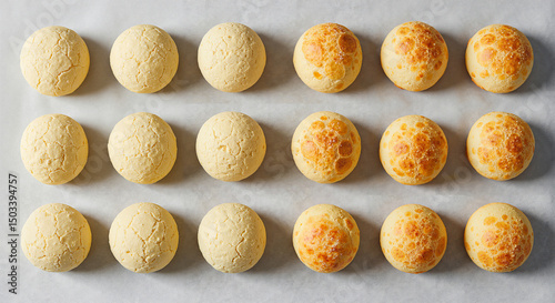 Flat lay of raw and baked pão de queijo side by side on parchment paper, neat minimal layout 