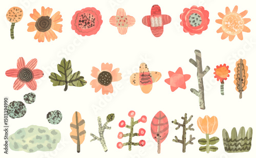 Flower and leaf watercolor vector illustration.	