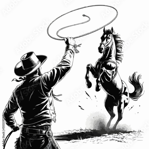 Dynamic Silhouette of Cowboy on Rearing Horse with Lasso – Bold Western Icon in Classic Black and White Rodeo Style	