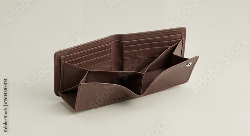 Open leather wallet with empty compartments and no cash, centered high-resolution product shot on neutral background, soft studio lighting and minimalistic clean presentation with copy space