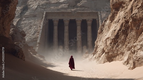 Hooded figure entering ancient temple in desert canyon