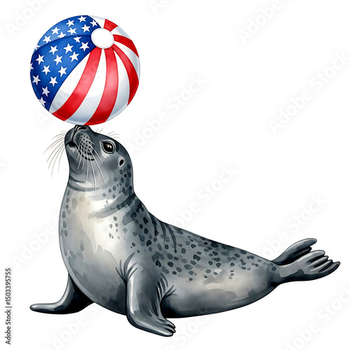 Patriotic seal balancing american beach ball isolated on white background