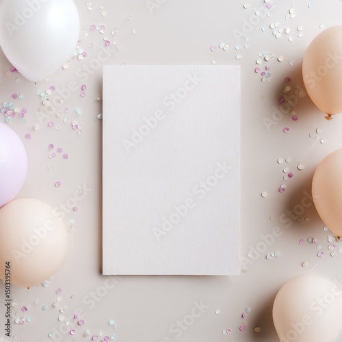 Blank paper with balloons and confetti on beige background