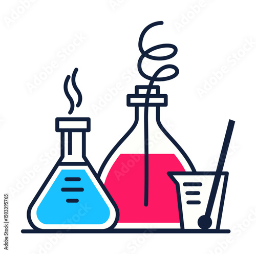 Icon with bottles and laboratory equipment for chemical and medical analysis and scientific research tests. Science education tools. Contour drawing. Vector illustration.