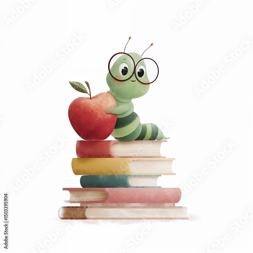 Cute cartoon bookworm with apple sitting on book stack