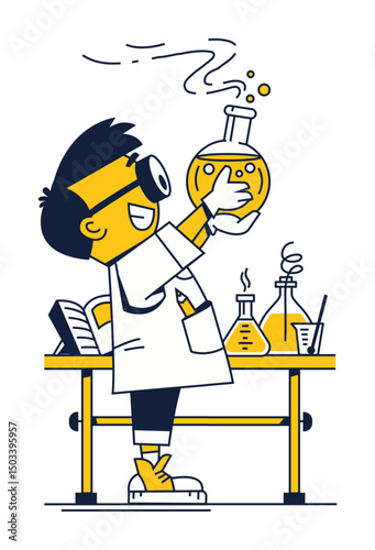 Chemistry lesson. Smart school boy holding glass bottle with chemical liquid during scientific experiment in the laboratory. Science studying. Lineart simple. Vector illustration.