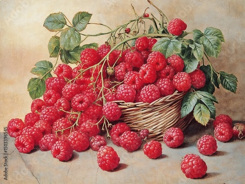 Basket of ripe raspberries in vintage still life painting
