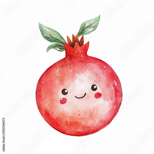 Cute smiling pomegranate illustration with leaves on white