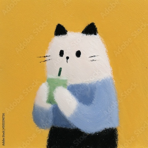 Cute cartoon cat drinking from green cup on yellow