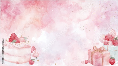 Pink watercolor cake and gift background for birthday design