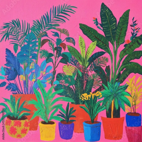 Colorful potted plants painting on vibrant pink background
