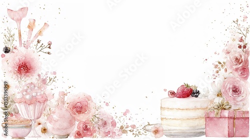 Watercolor birthday floral frame with cake and gifts in pink tones