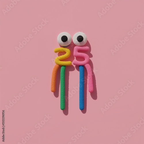 Number 25 in colorful playful design with googly eyes