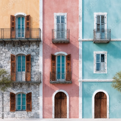 Colorful European building facades with balconies and shutters
