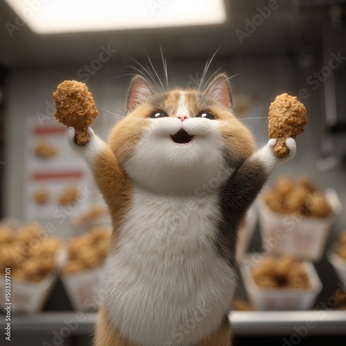 Happy cartoon cat holding fried chicken drumsticks