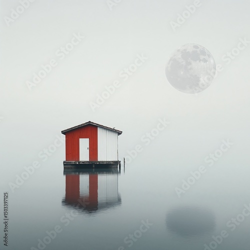 Small red and white house on calm water under full moon