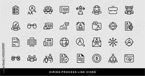 Hiring Process Line Icons. Recruitment, Job Application, Interview, Candidate Selection Vector Set