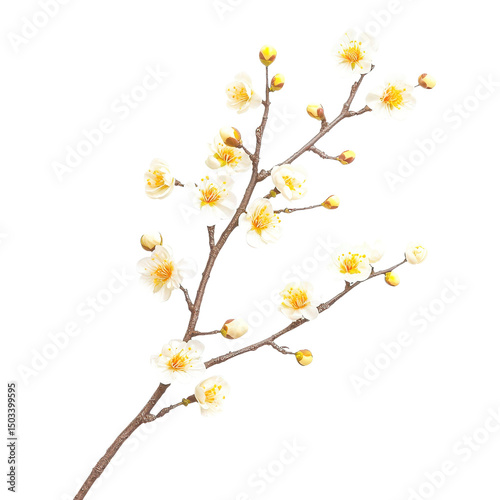 Blooming plum branch with delicate petals and buds on transparent background