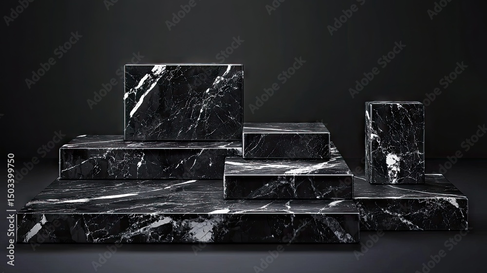 Fototapeta premium Black and white marble tiered display platform.