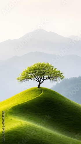 Solitary Tree on a Green Hill Against a Misty Mountain Background