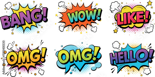 Colorful comic book speech bubbles with exclamations in pop art style