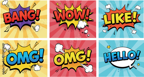 Colorful comic book style expressions: bang! wow! like! omg! hello!