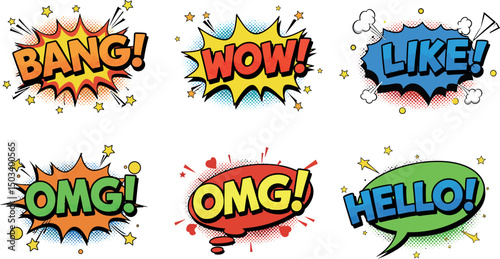Colorful comic book speech bubbles with exclamations and stars