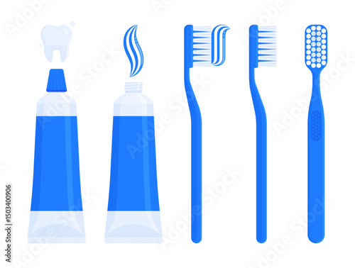 Set of dark blue toothpaste tubes and toothbrushes with paste on bristles. Dental care, hygiene, oral health, and personal care concept. Flat vector illustration isolated on white background