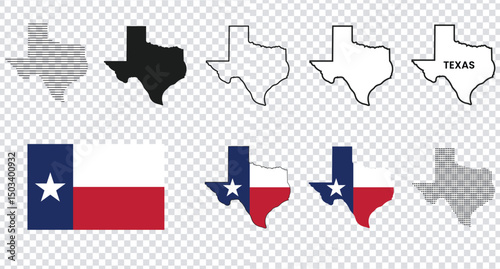 Texas Map Black and icon set | Texas Flag | State Border | United States | US America | Transparent Isolated | Variations.