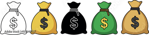 Colorful money bags with dollar symbols representing finance and wealth