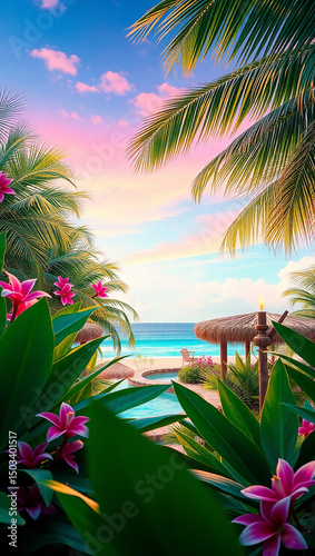 Tropical Paradise Wedding Backdrop with Exotic Flowers and Palm Leaves