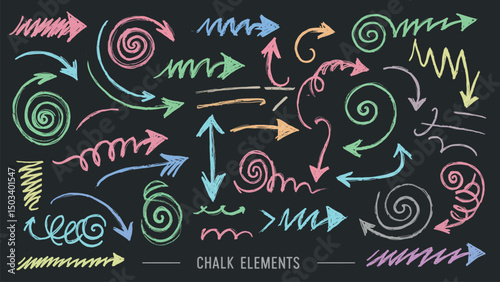 Colorful chalk arrows and swirls on black background: vibrant design elements