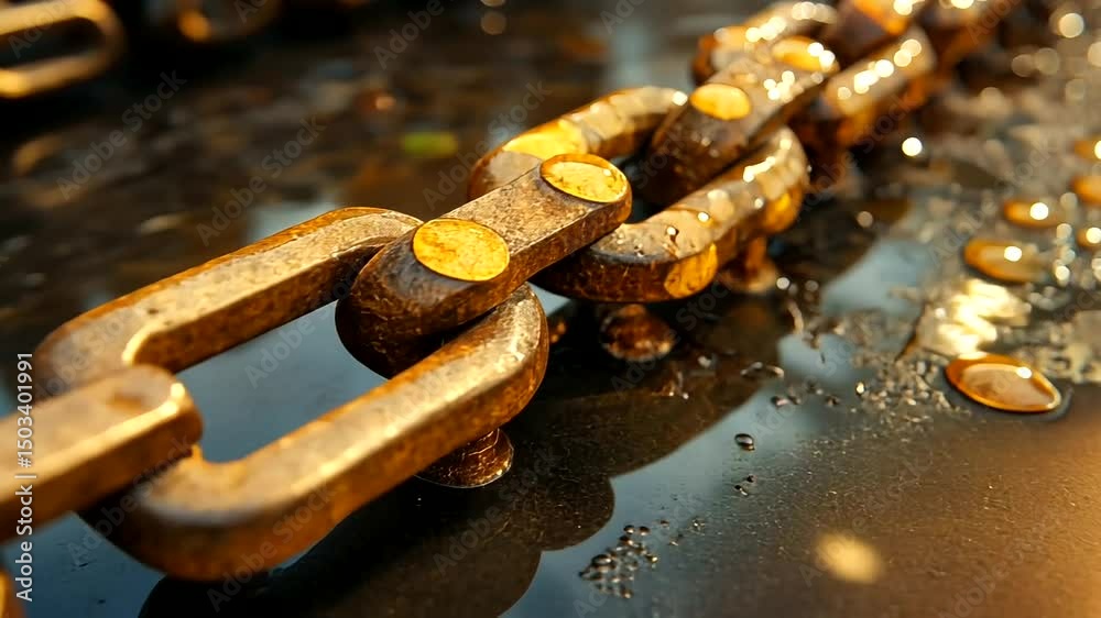 Close-up of a rusty chain with water droplets.