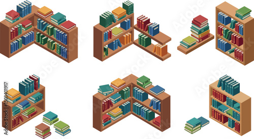 Isometric bookshelf variations with stacked books on wooden shelves