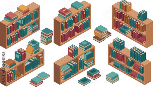 Isometric bookshelves with assorted books in various arrangements