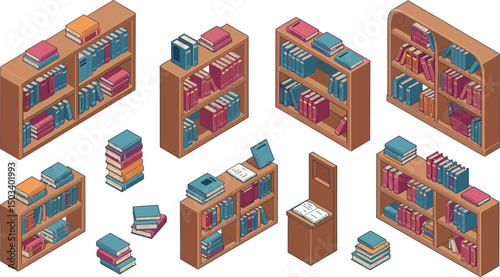 Isometric bookshelves and stacks with assorted books and notebooks