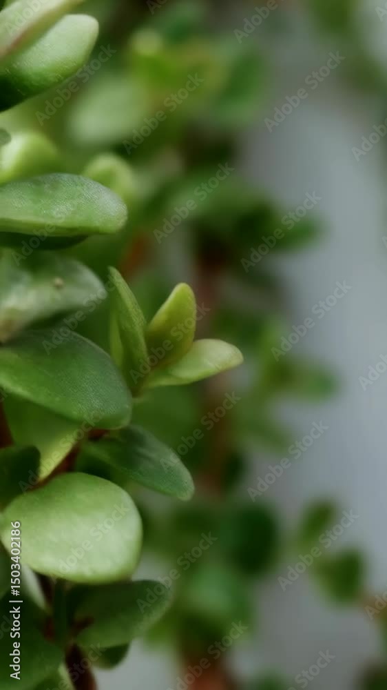 Close-up view featuring fresh, vibrant green leaves with small red spots arranged on a blurred, light plant stem. Close-up view featuring fresh, vibrant green leaves with small red spots arranged on a blurred, light plant stem.
