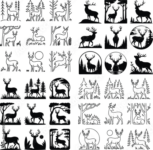 Deer in Forest Silhouette Set – Wildlife and Nature Vector Pack Forest Deer Silhouettes – Wild Animal Clipart for Outdoor Scenes