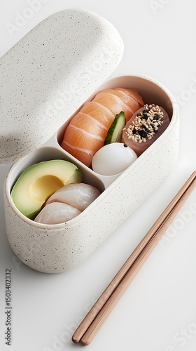 Speckled White Bento Box with Sushi and Sashimi