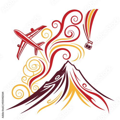 abstract volcano logo, stylized vector eruption, travel branding

