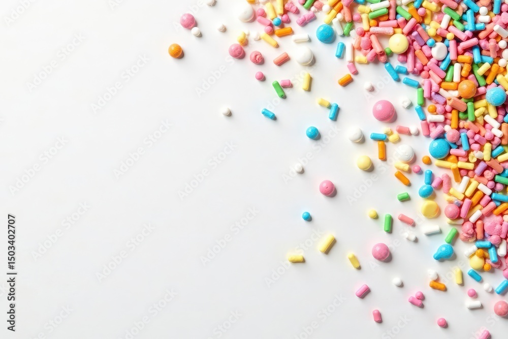 Obraz premium Rainbow candy sprinkles scattered on white, forming a festive pattern , dessert, white, pastel