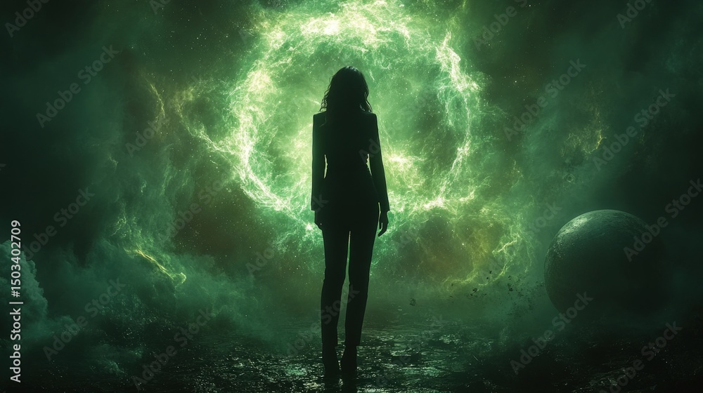 Silhouette figure before a vibrant green portal Silhouette figure before a vibrant green portal