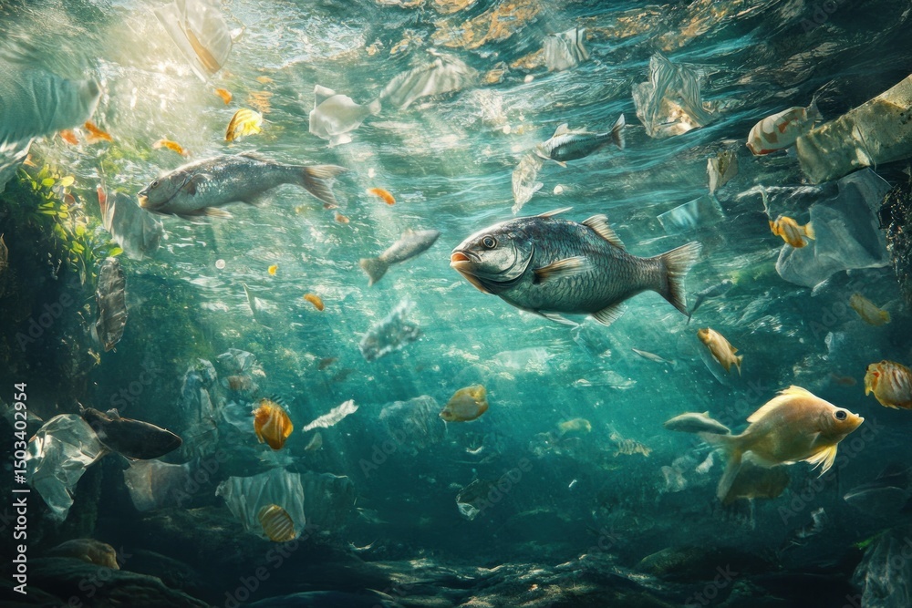 Fototapeta premium Ocean pollution with plastic debris and fish