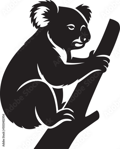 Koala resting on branch silhouette, Relaxed koala animal in tree design