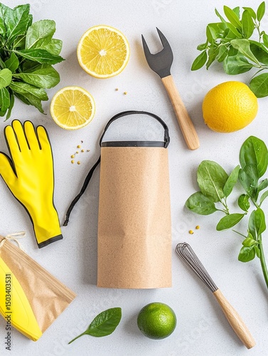Spring Gardening Flatlay with Tools and Citrus Fruits
