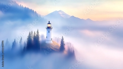 Coastal Lighthouse in Foggy Sunrise Landscape