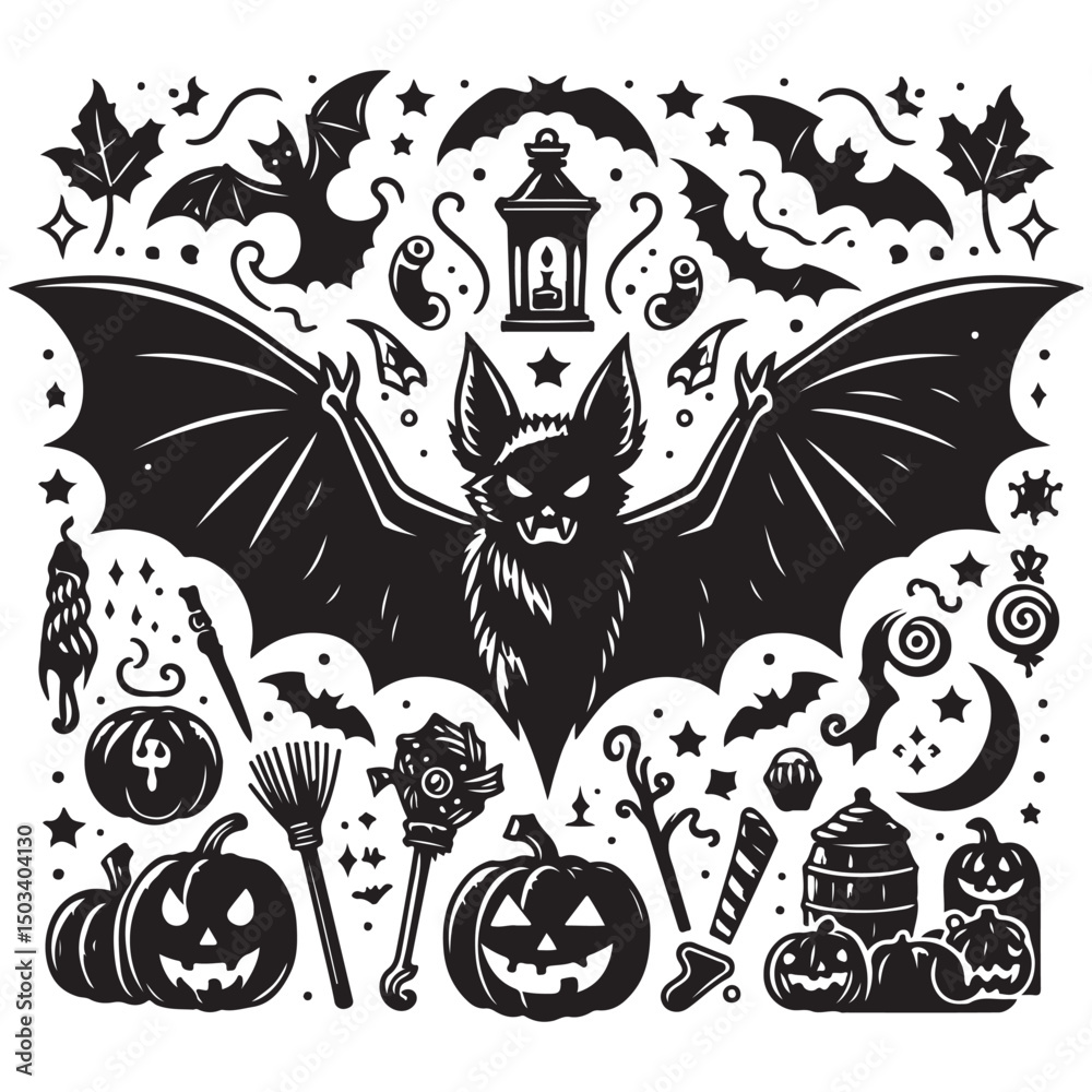 Obraz premium Silhouette bat Black Vector white background illustration Style 