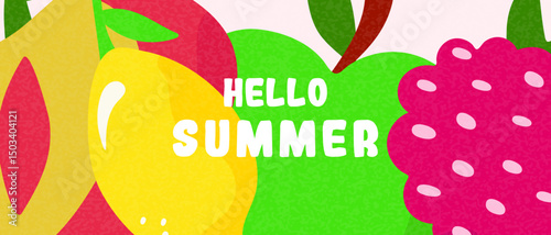 Bright summer banner with raspberry, apple, peach and lemon. Template for advertising, sales, congratulations, branding.