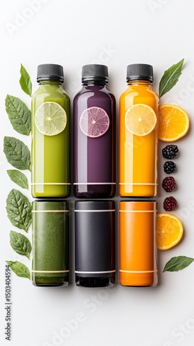 Cold-Pressed Juice Bottles Flatlay: Green, Purple, and Orange Drinks with Fruit